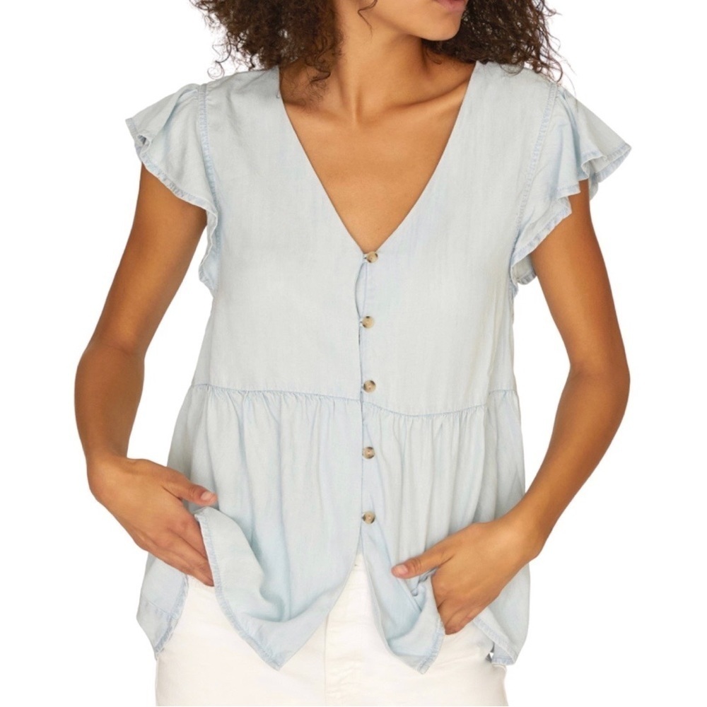 Sanctuary | Blue Ruffle Sleeve V Neck Blouse Sz S